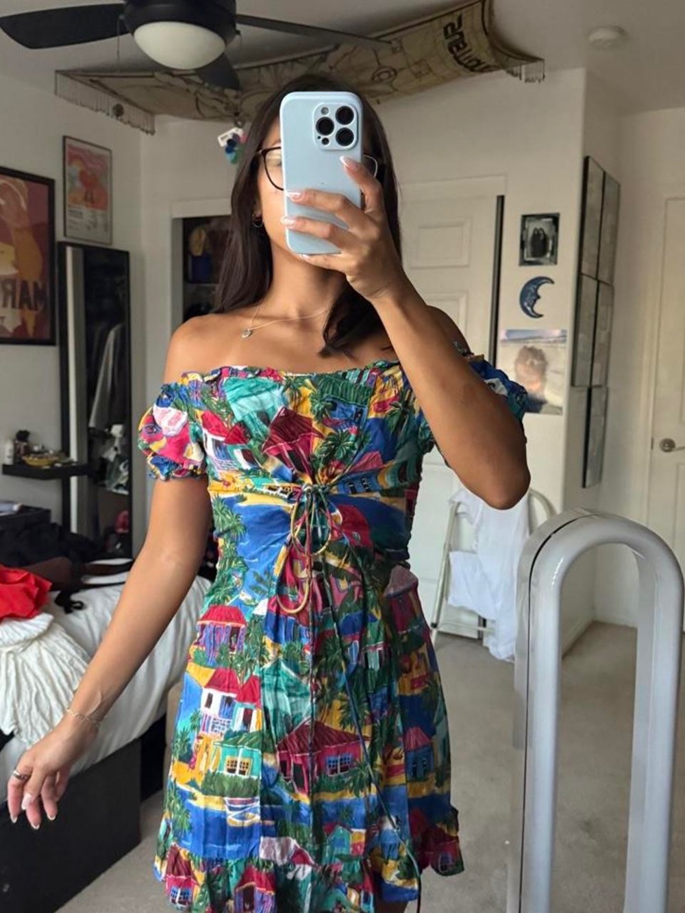 Zara Blue Multicolor Off-Shoulder Tie-Waist Dress
